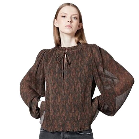 GANNI Pleated Georgette Long Sleeve Blouse French Roast Floral Sz 36 US Size 4 - Picture 1 of 12